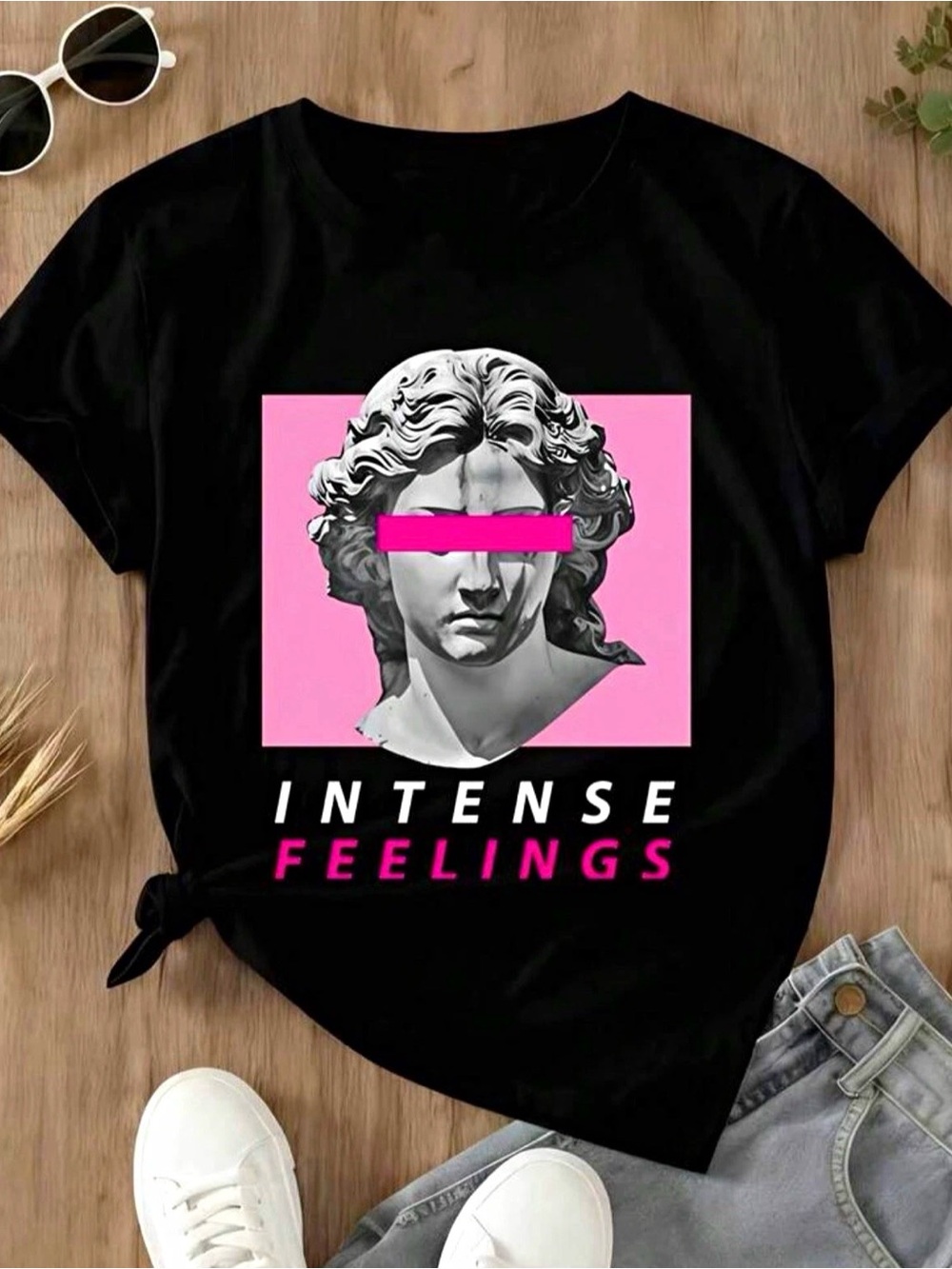 SHEIN Black Tee with Pink Graphic 'Intense Feelings'